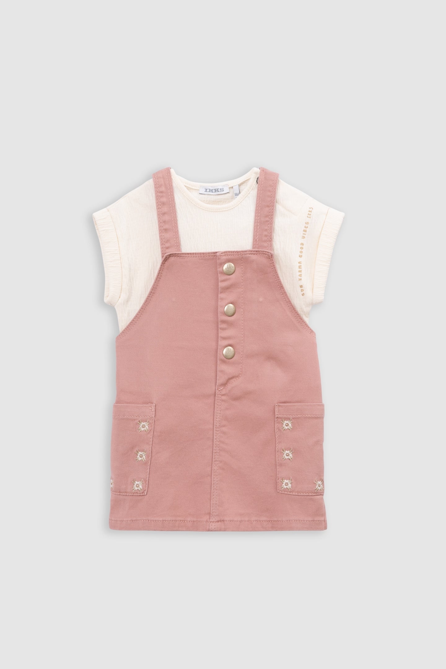 PINK DRESS-SALOPETTE AND ECRU T-SHIRT SET 1