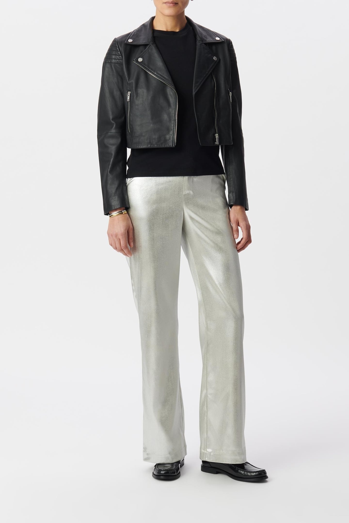 COATED SILVER FLARE SUIT PANTS 1