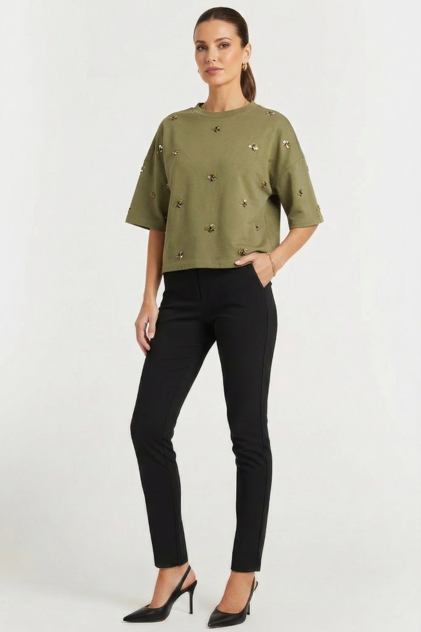 3/4 SLEEVE EMBELLISHED SWEATSHIRT COMBAT GREEN 1