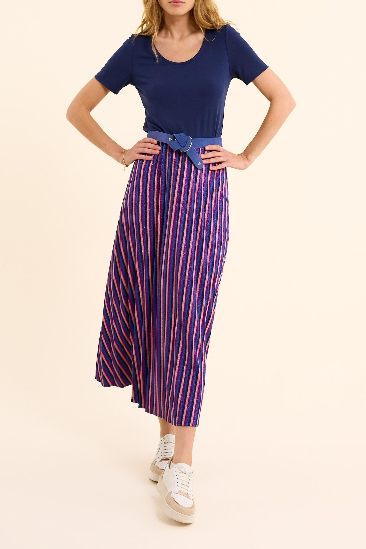 LUREX STRIPED PLEATED BI-MATERIAL MAXI DRESS VIOLINE 2