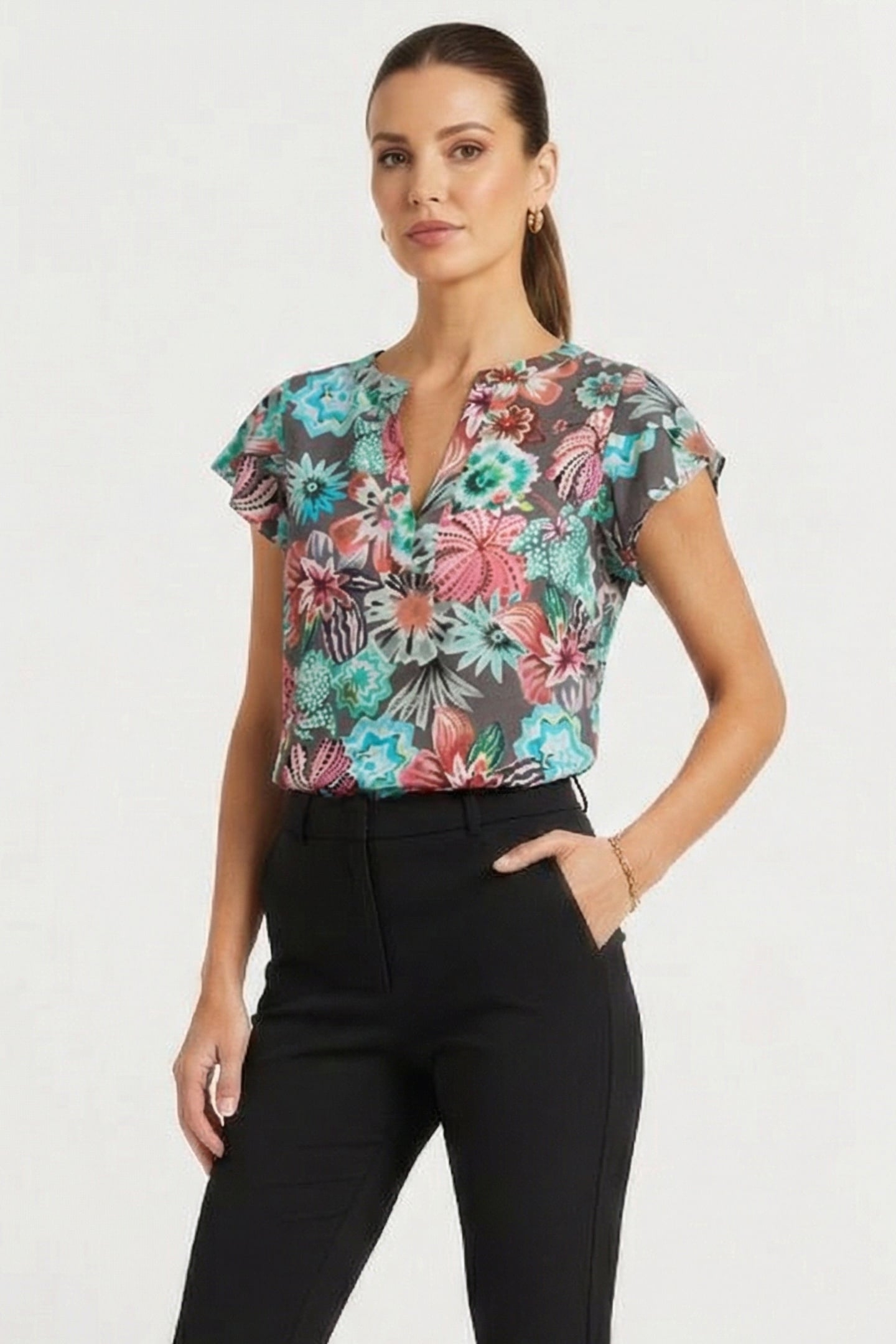 BLOUSE FLARE IN DARK SHADOW WITH FLORAL MEDLEY PRINT 1