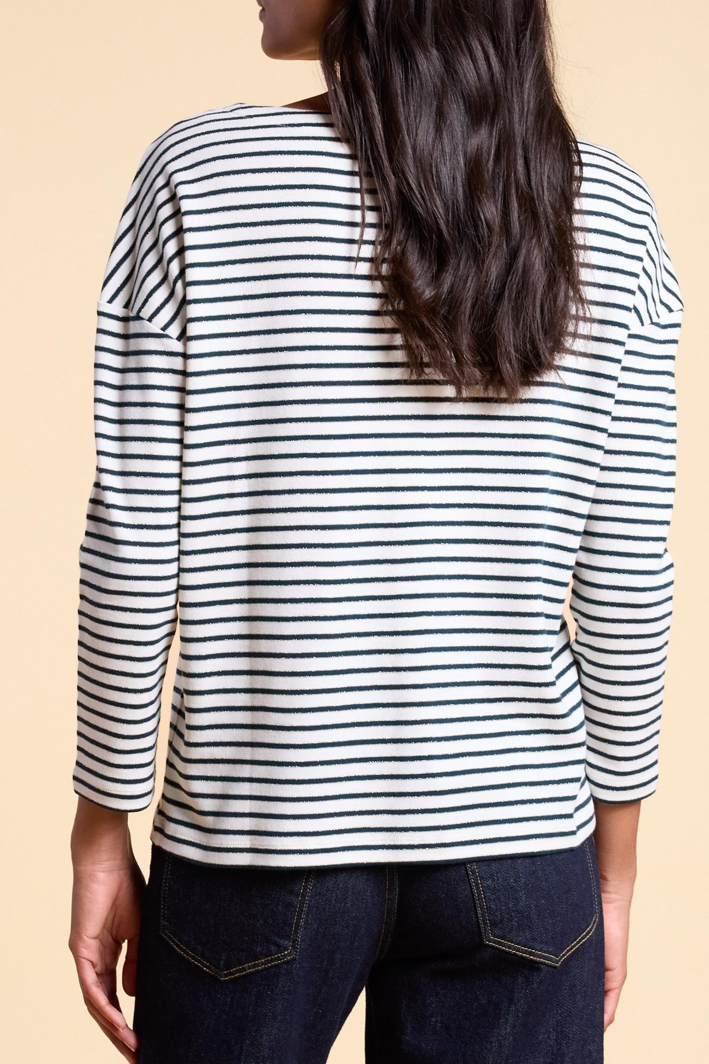 ECRU, NAVY, GOLD STRIPED T-SHIRT, EMBROIDERED HEART ECRU 3