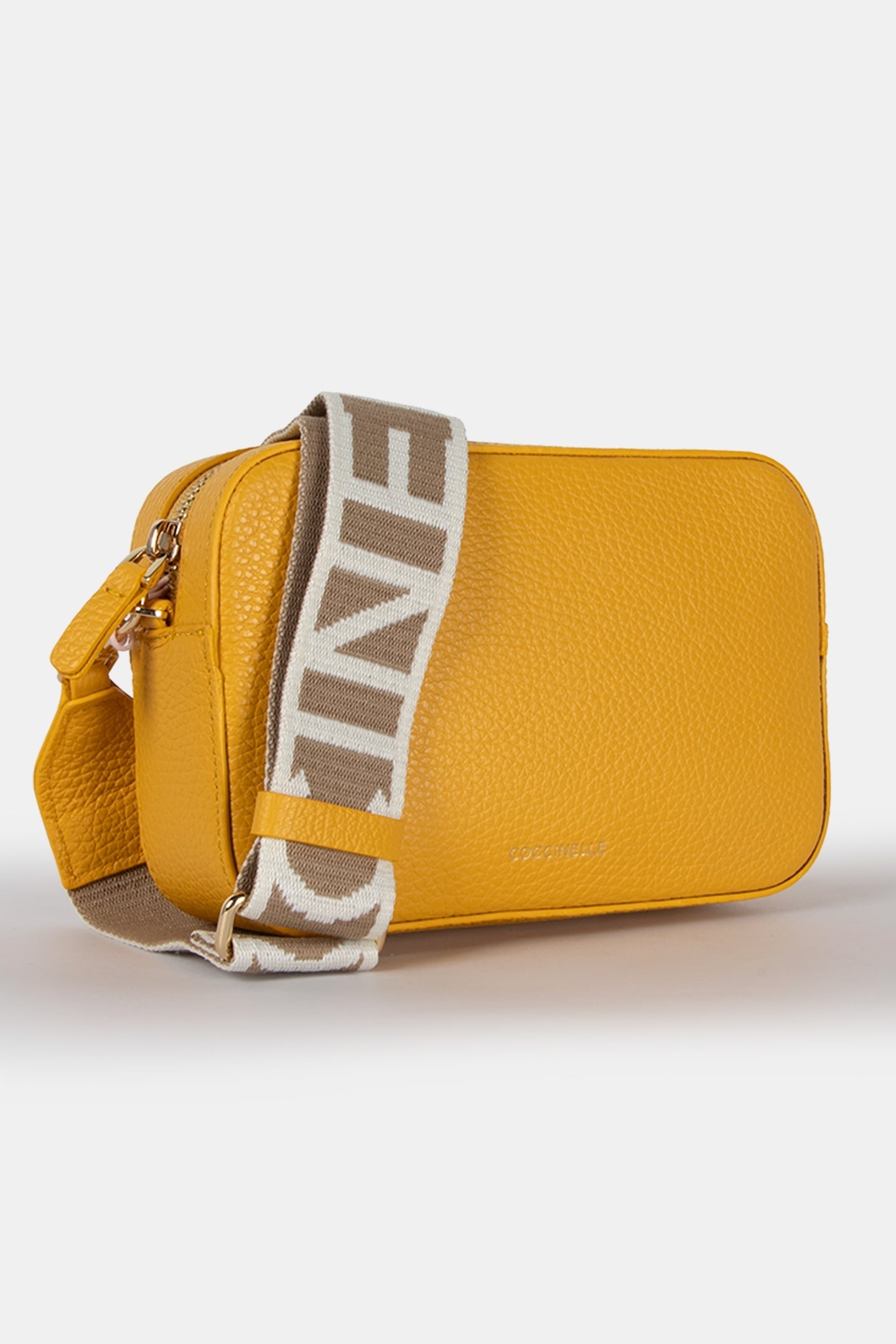 LEATHER CAMERA CROSS BODY BAG WITH LOGO STRAP IN YELLOW 3