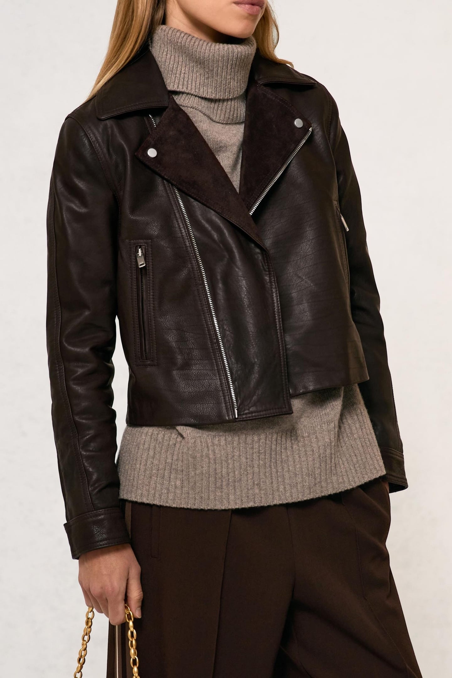 LEATHER BIKER JACKET CHOCOLATE BROWN 2
