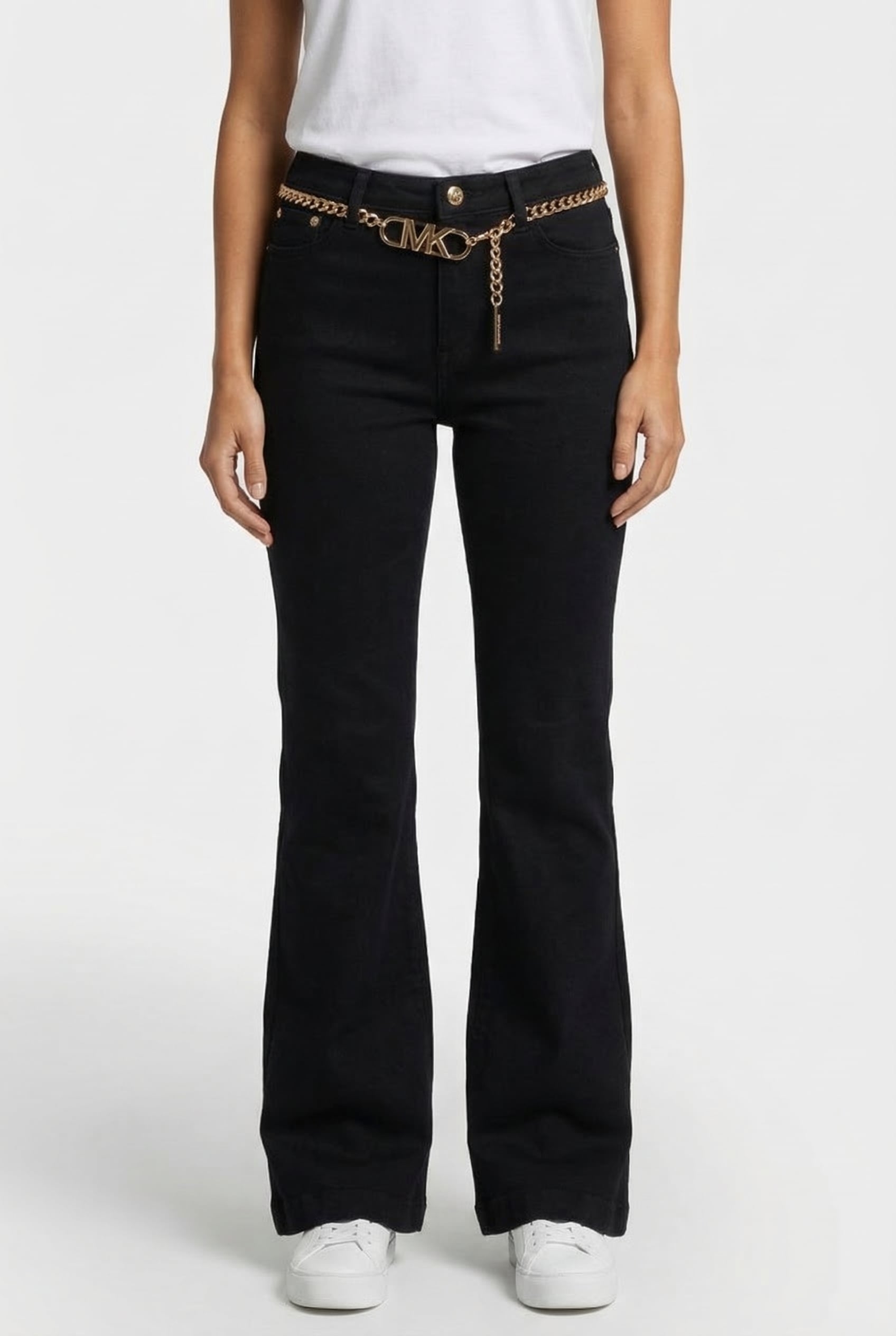 FLARED DENIM JEANS WITH CHAIN BELT IN BLACK 1