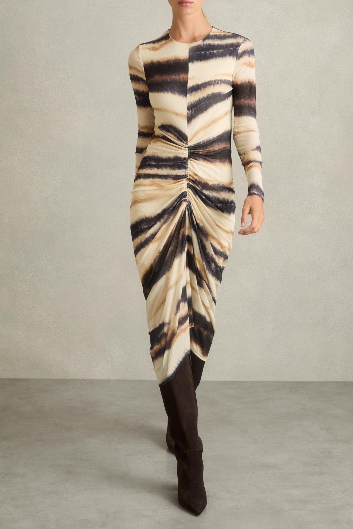 PRINTED RUCHED JERSEY DRESS NEUTRAL/NAVY 1