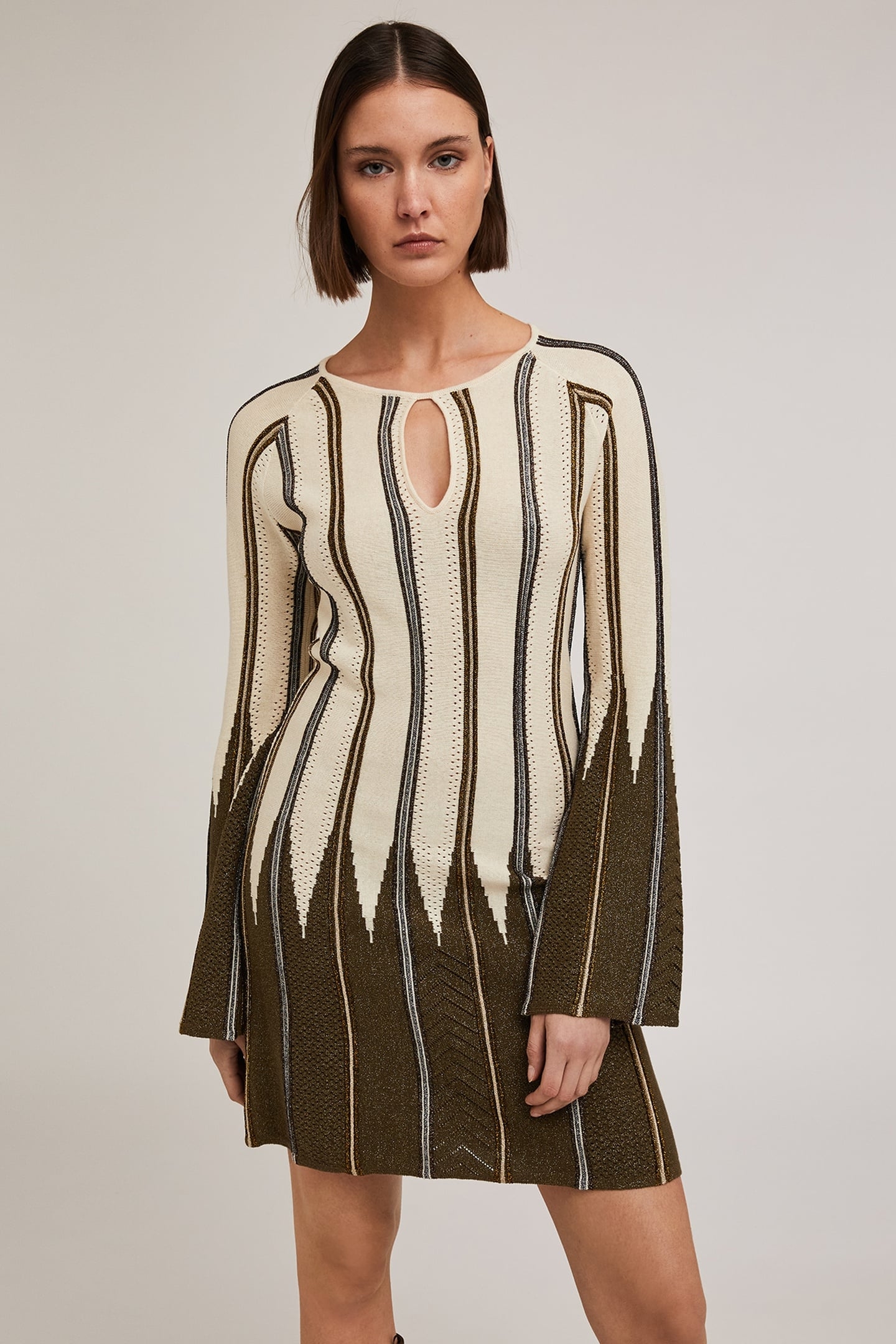 PLEATED EFFECT LUREX KNIT STRIPED DRESS MILITARY GREEN 1