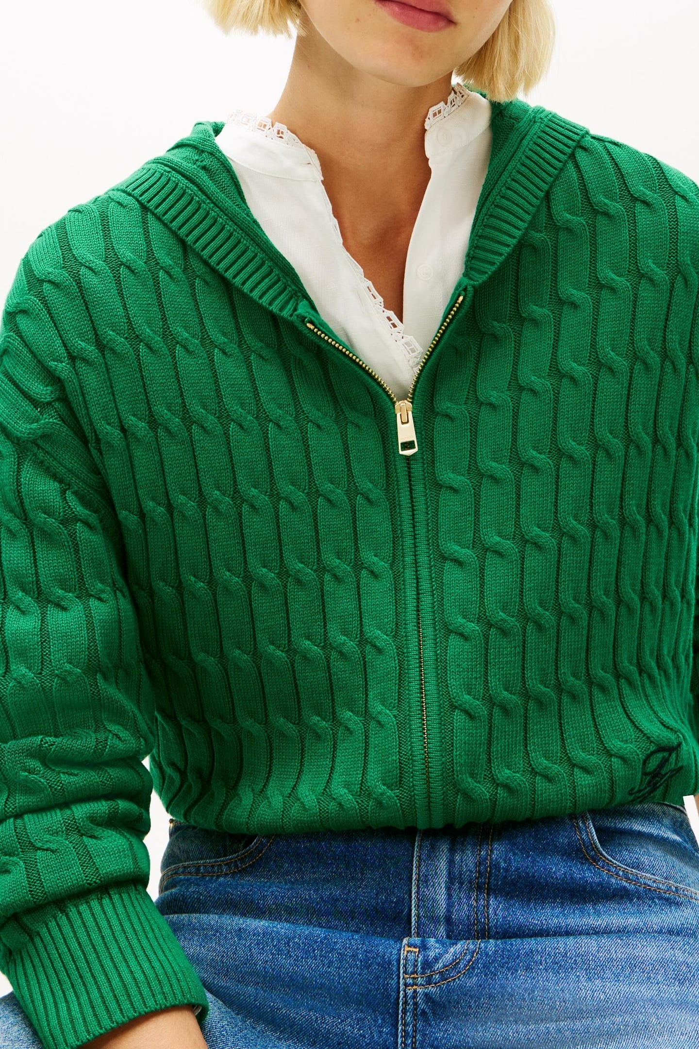 CABLE KNIT ZIP-THRU HOODY NOUVEAU GREEN 2
