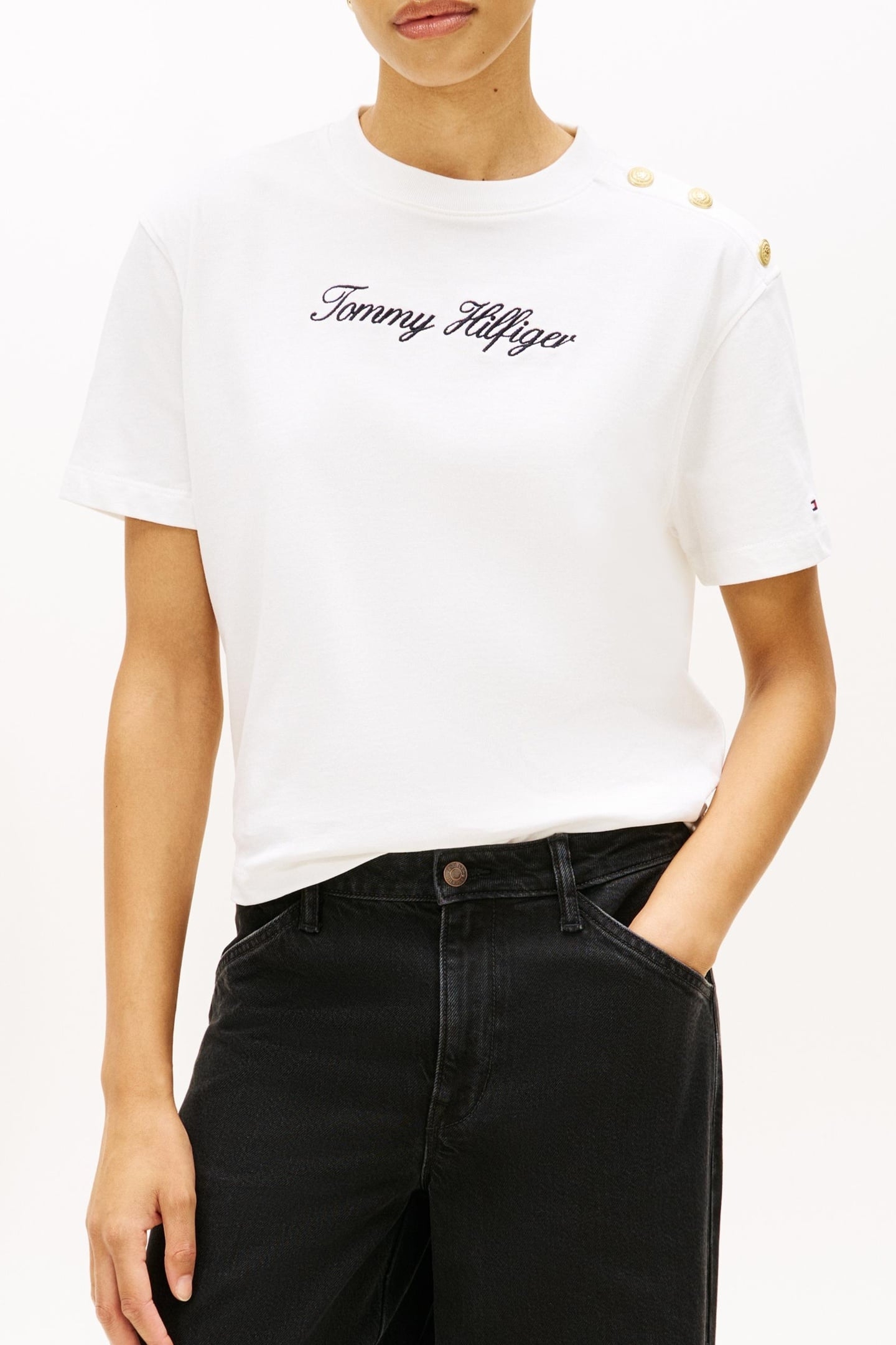 GOLD-TONE BUTTON LOGO EMBROIDERY RELAXED T-SHIRT ECRU 1