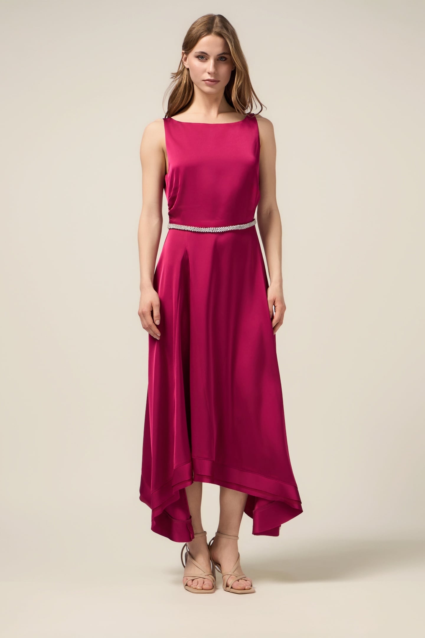 LONG SATIN DRESS WITH JEWELED BELT FUCHSIA 2