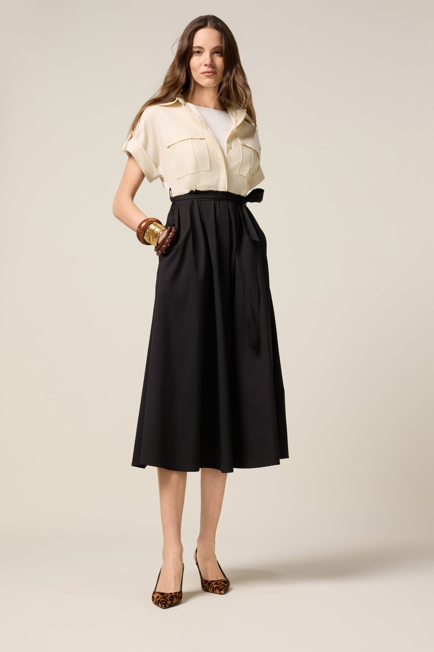 TWO-TONE SHIRT DRESS WITH SASH BLACK 1