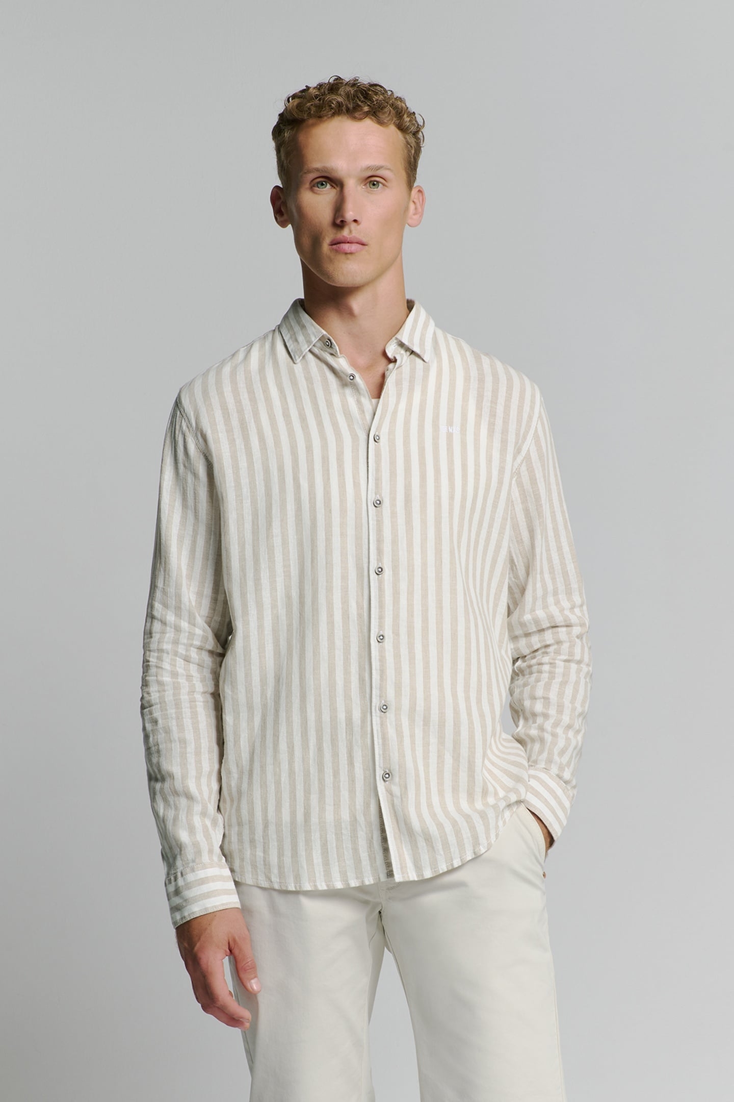 SHIRT VERICAL BIG STRIPES WITH LINEN LIGHT DESERT 1