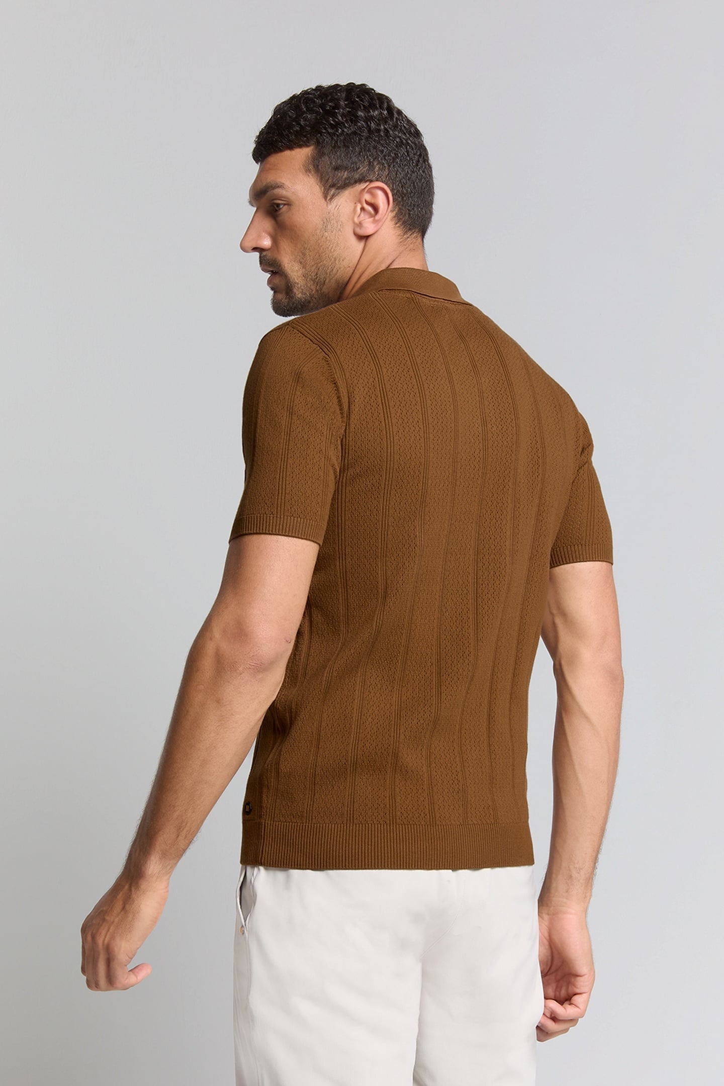 PULLOVER SHORT SLEEVE POLO BUTTON SOLID JACQUARD CAMEL 2