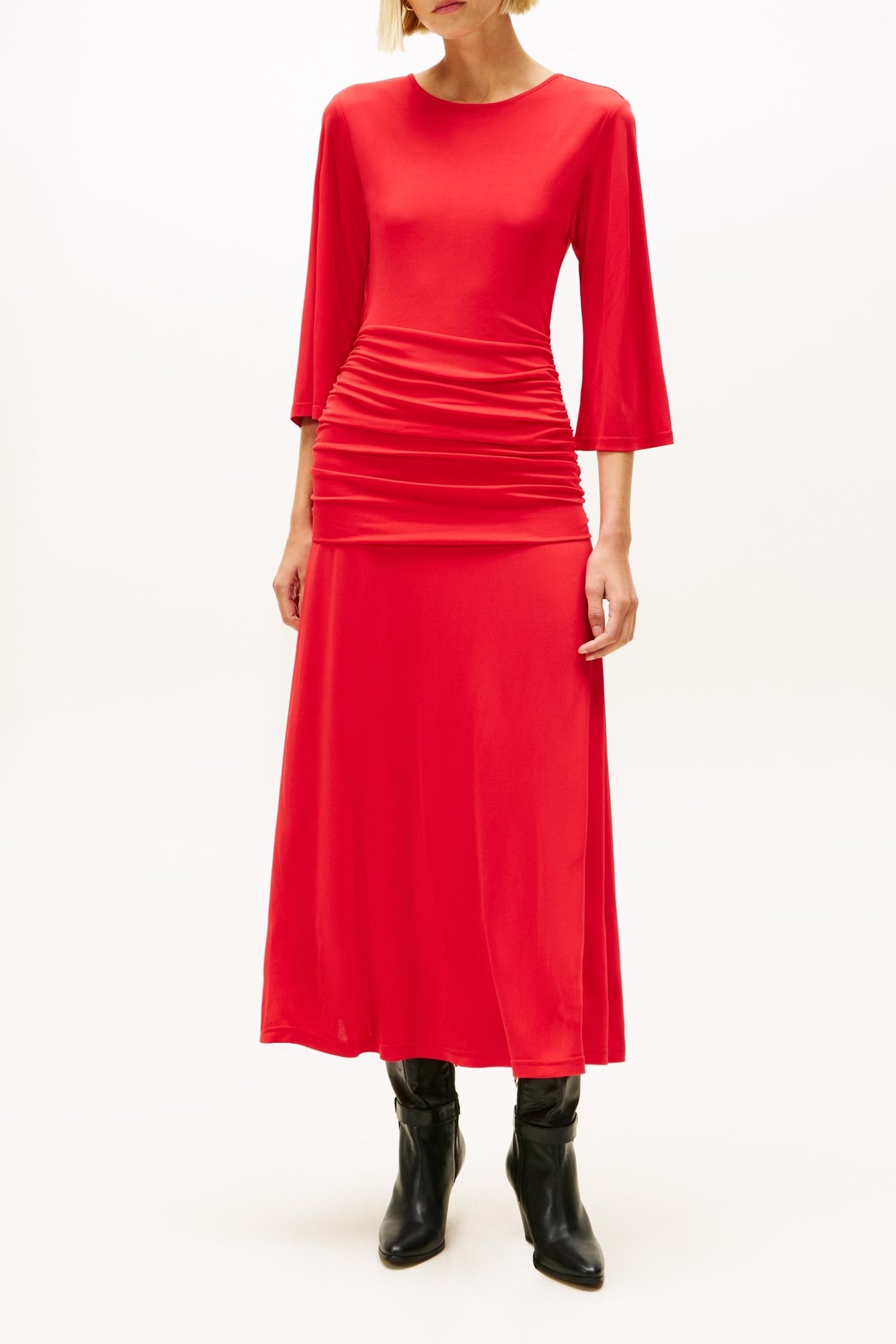 FESTIVE CREPE SLIM GATHERED MIDI DRESS PRIMARY RED 1