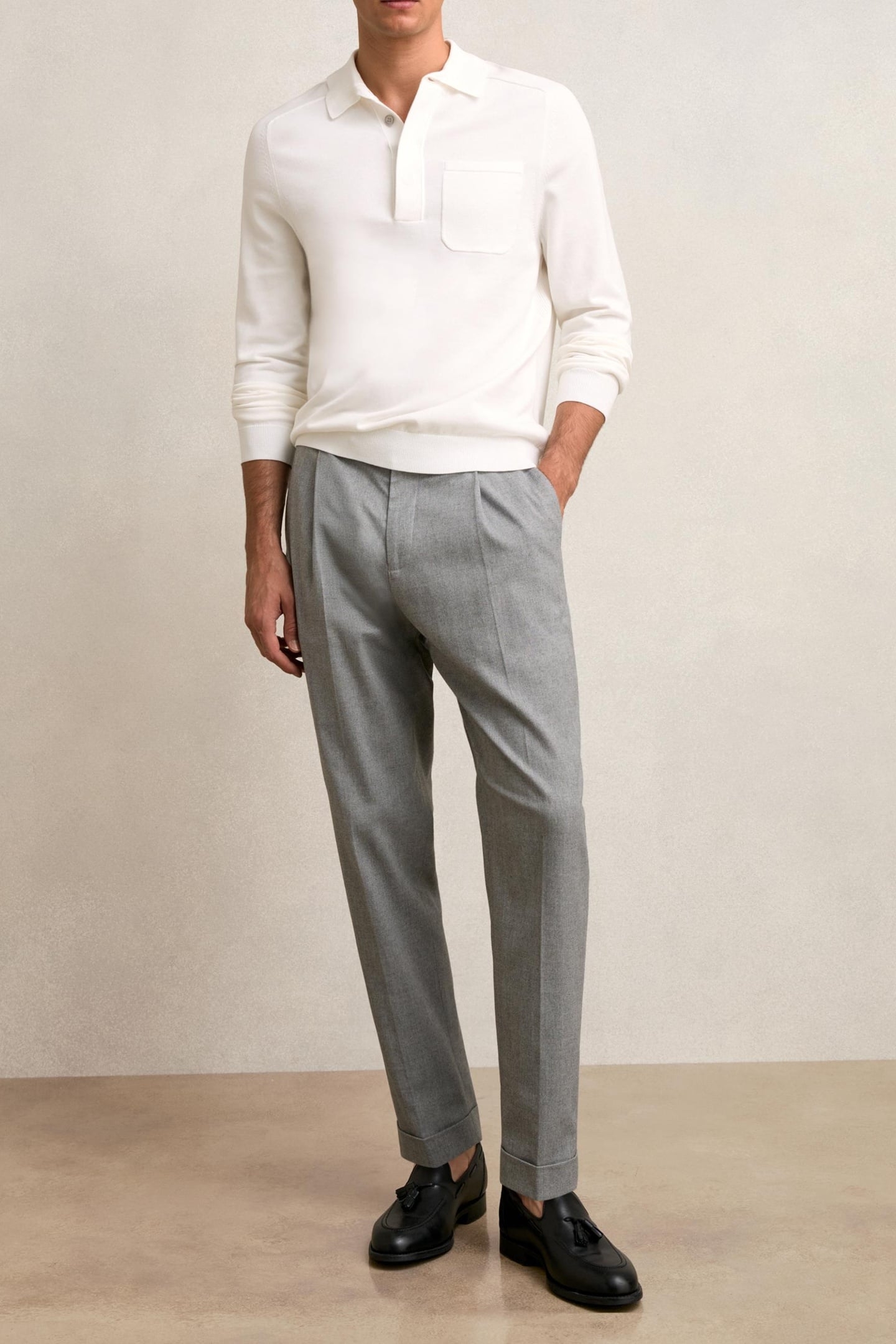 LS CONCEALED BUTTON PLACKET RIBBED COLLAR POLO WHITE 2