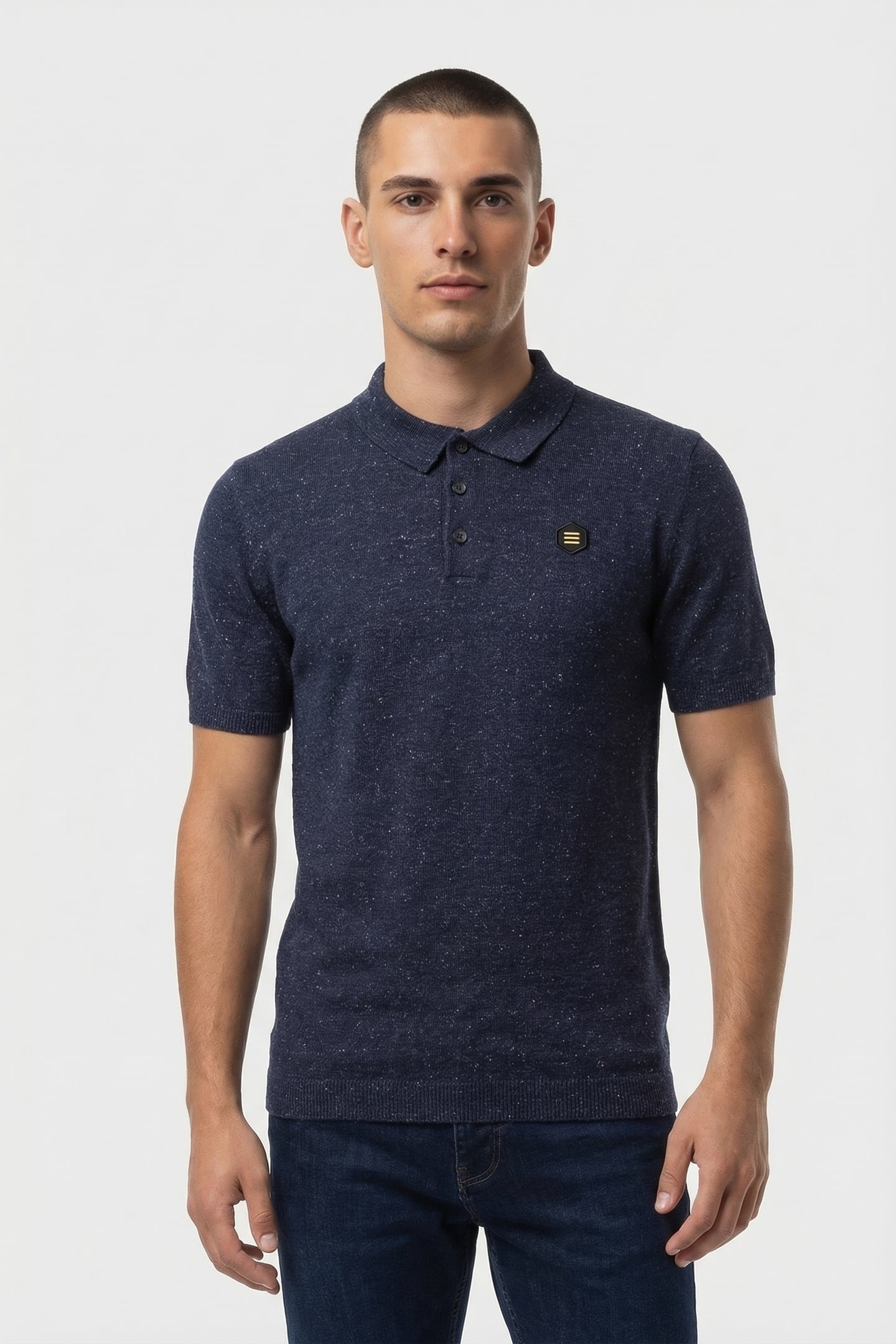 PULLOVER SHORT SLEEVE POLO MELANGE WITH LINEN DEEP BLUE 1
