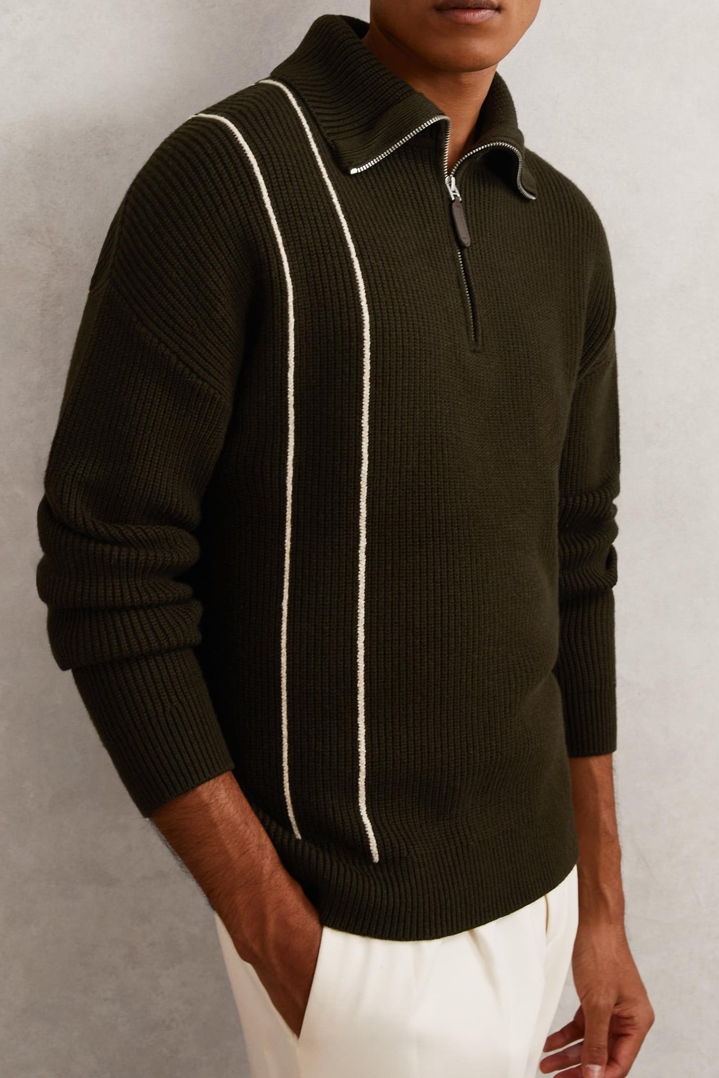 LS HALF ZIP FUNNEL NECK RIBBED JUMPER DARK OLIVE GREEN 2