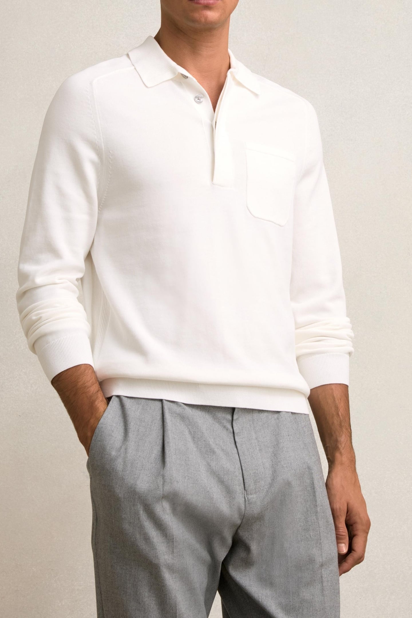 LS CONCEALED BUTTON PLACKET RIBBED COLLAR POLO WHITE 1