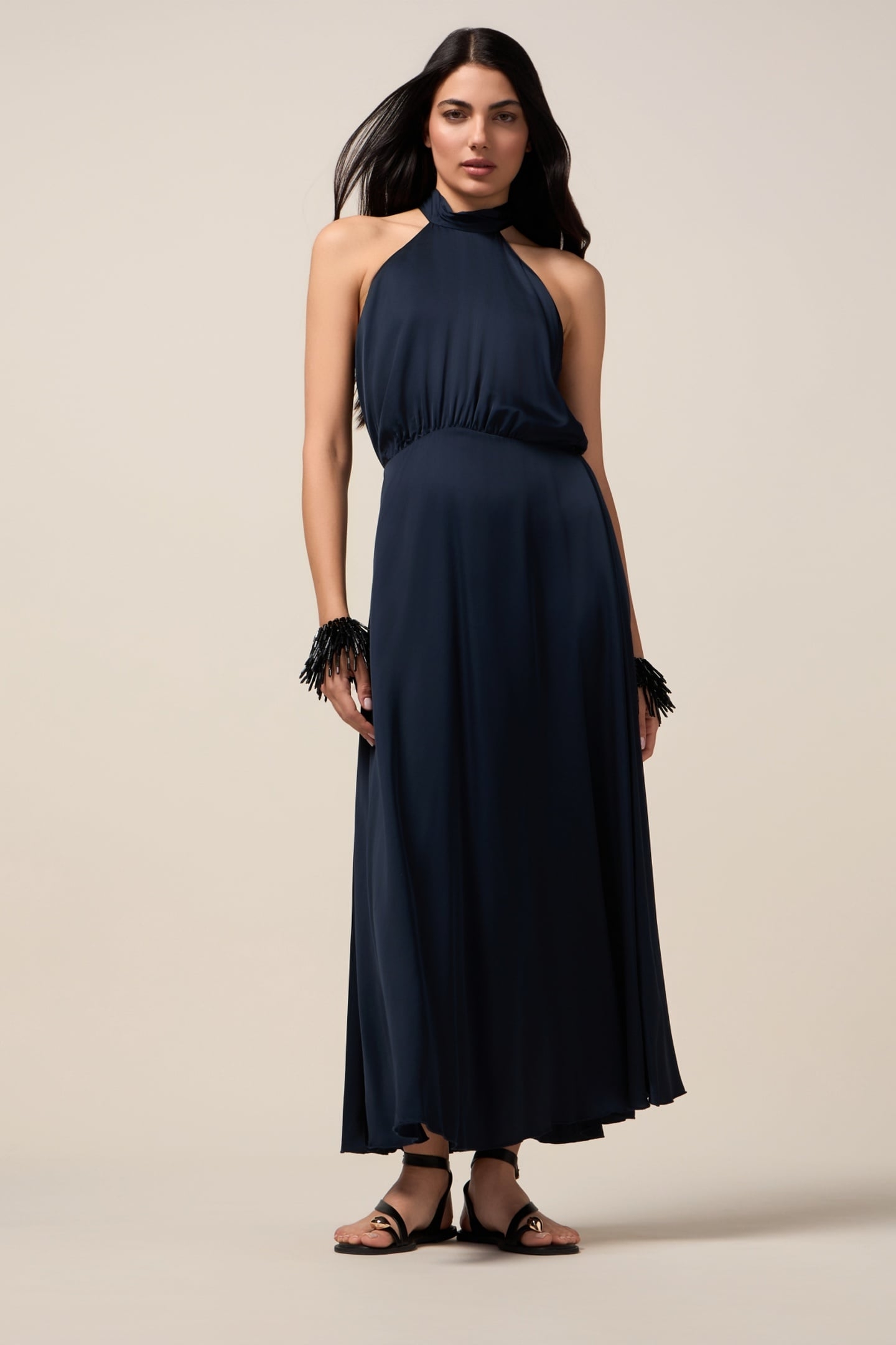 LONG SATIN DRESS WITH FLOWER BLUE 1
