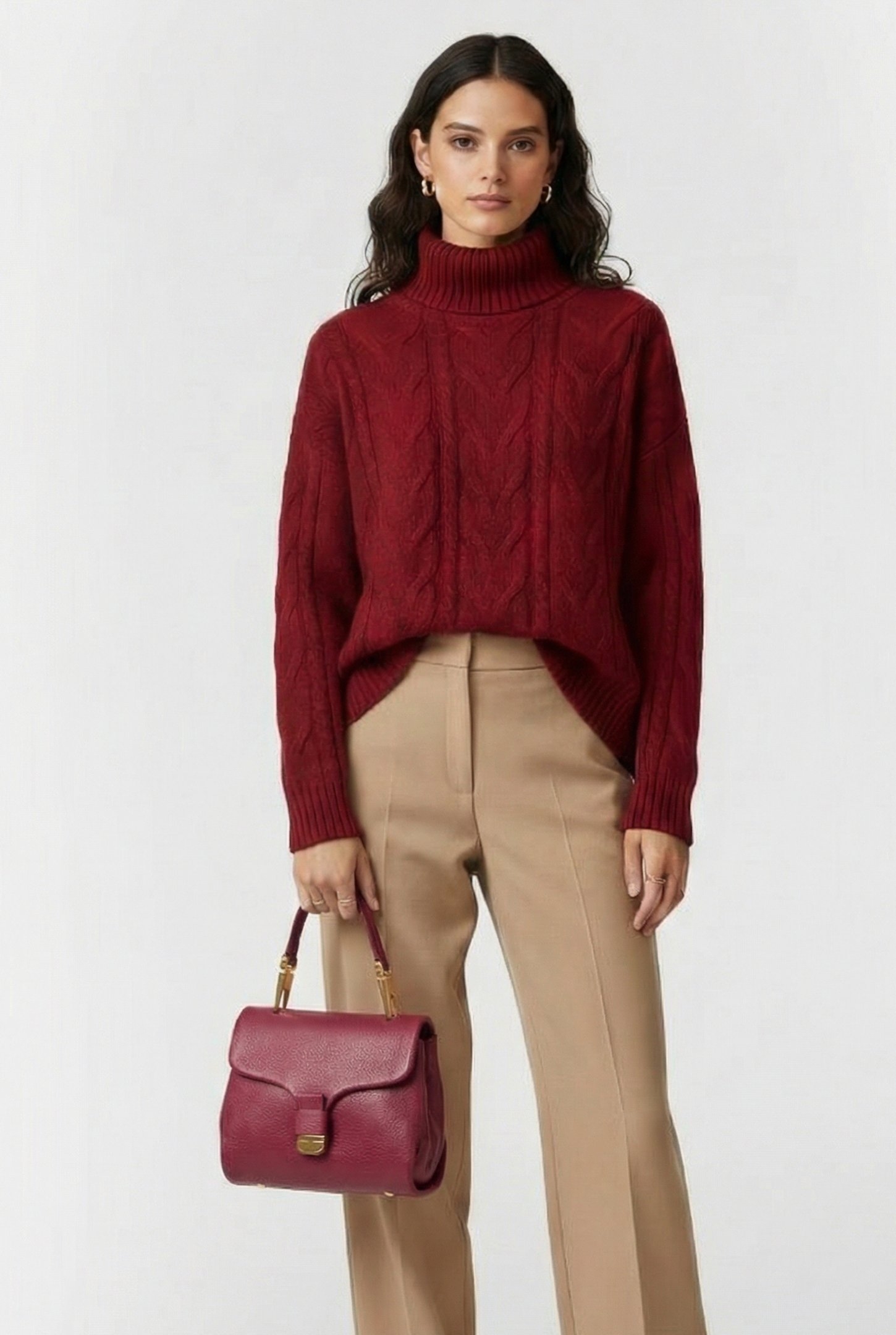 MEDIUM SIZED HANDBAG WITH FLAP POCKET IN BURGUNDY RED 1