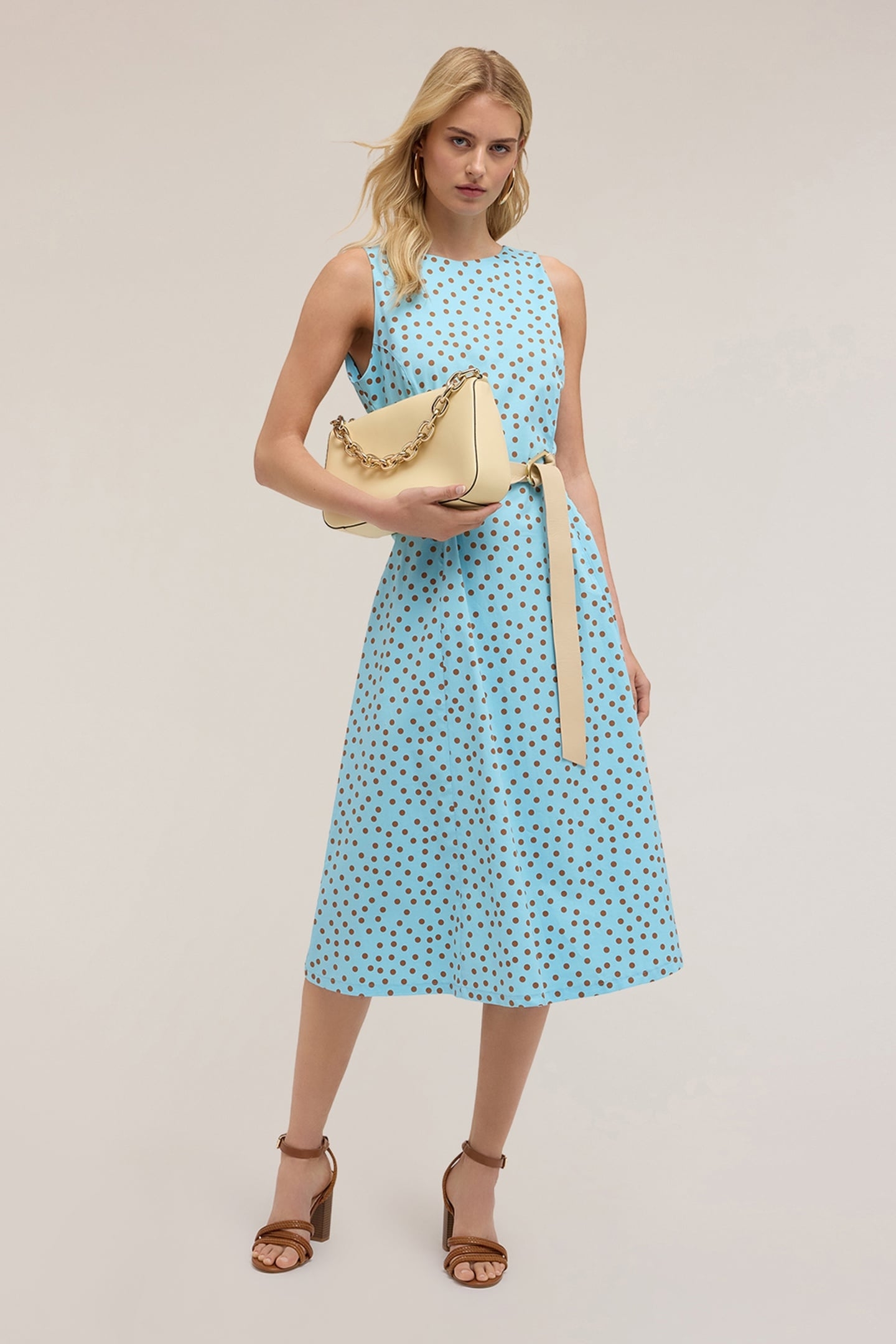 POLKA DOT PATTERN FLARED DRESS LIGHT BLUE 1