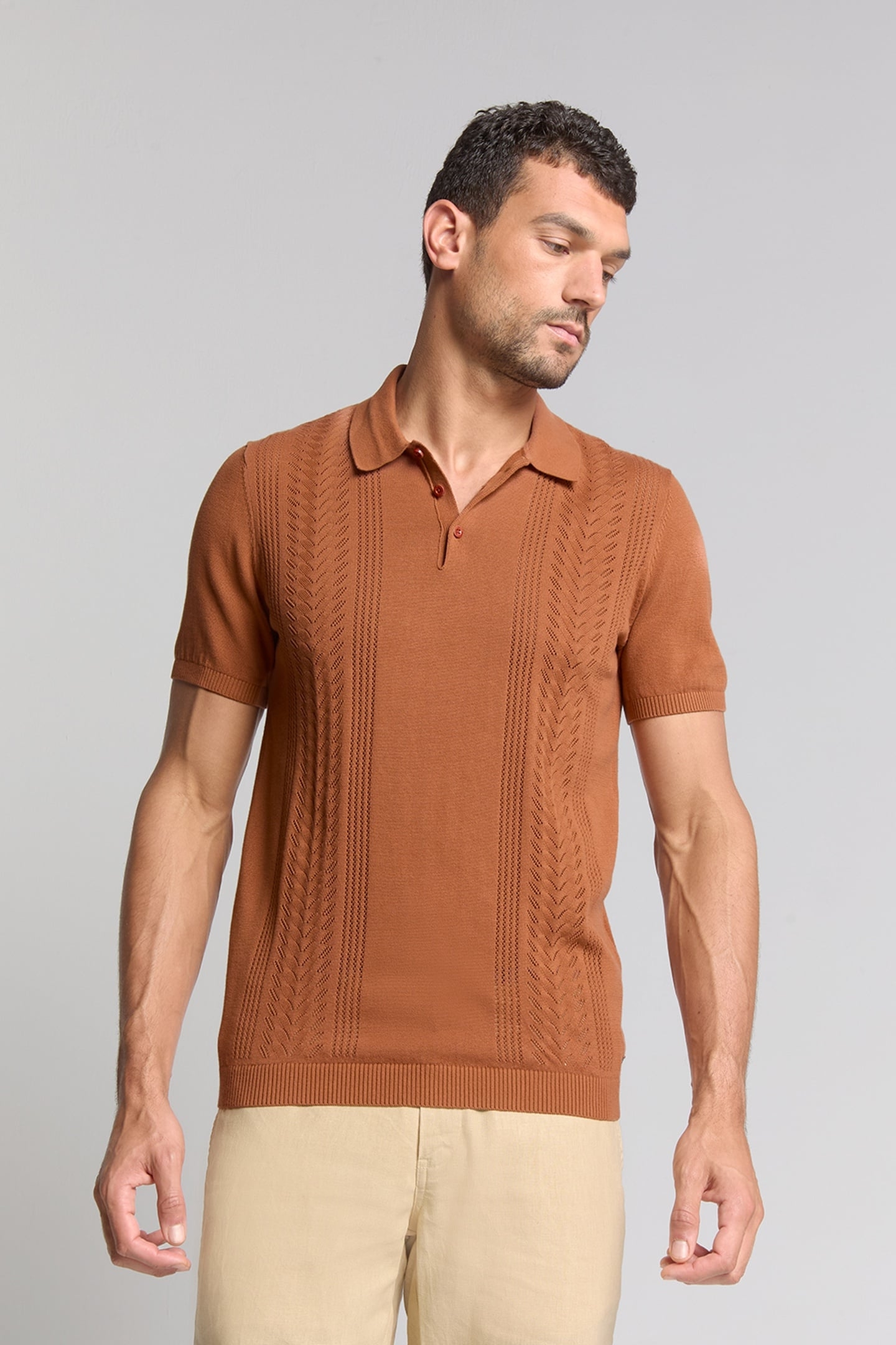 PULLOVER SHORT SLEEVE POLO SOLID PLACED JACQUARD CARAMEL 1