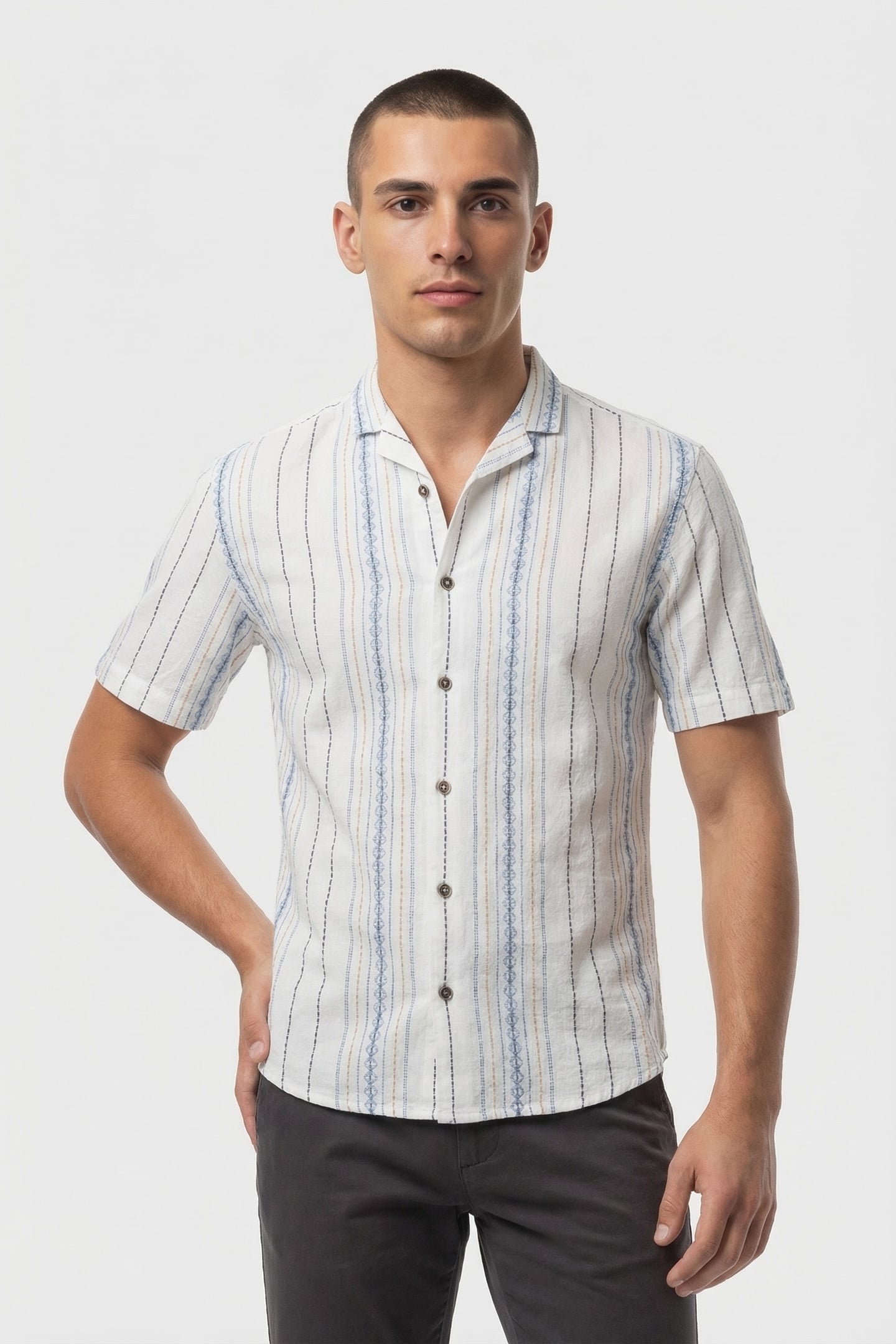 SHIRT SHORT SLEEVE REVERS COLLAR DOBBY VERTICAL EMBROIDERED 2