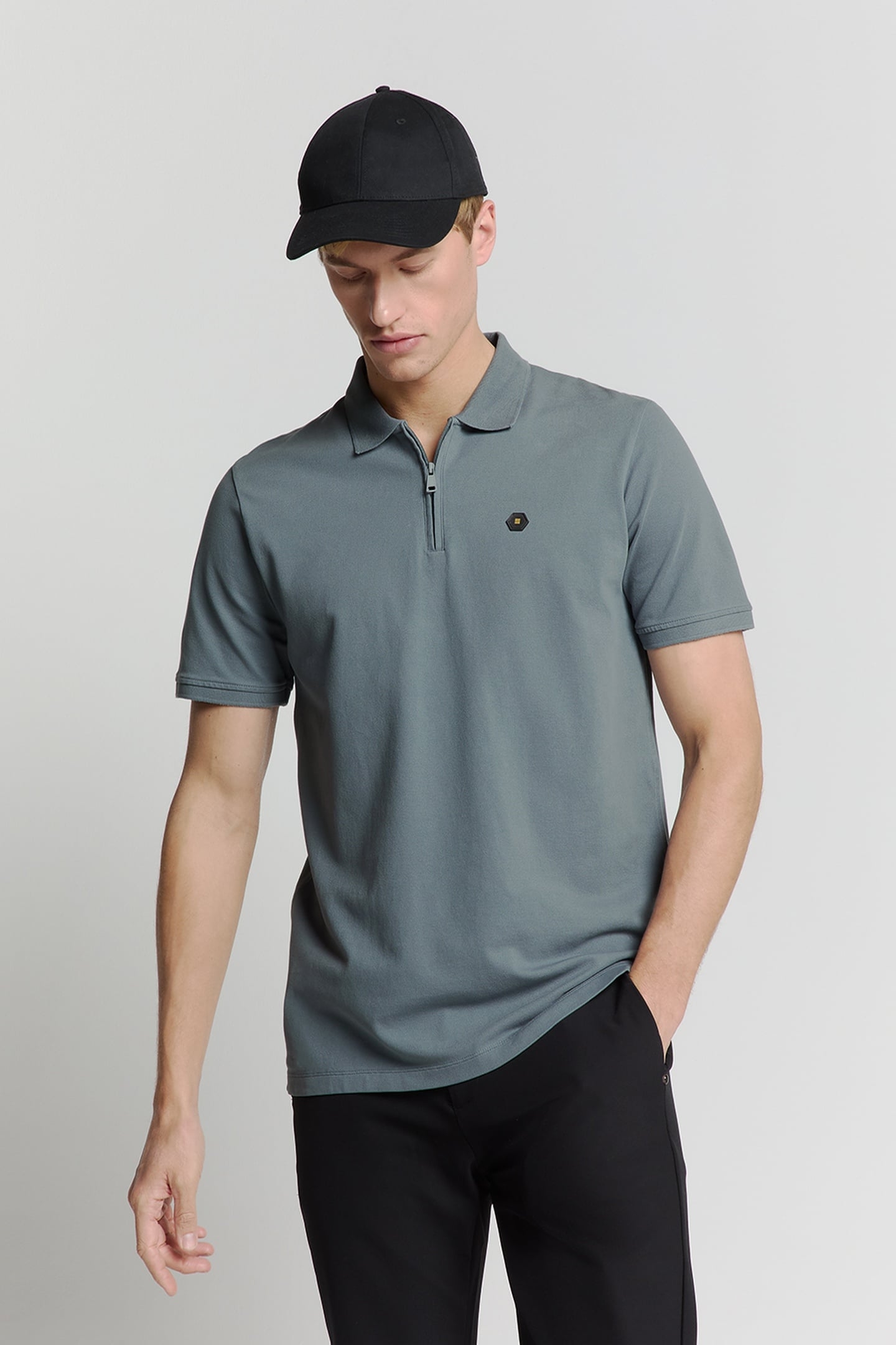 POLO ZIP PIQUE GARMENT DYED WASHED BLUE 1