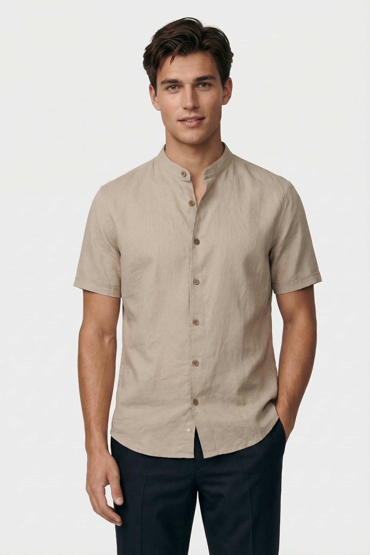 SHIRT SHORT SLEEVE GRANDDAD SOLID WITH LINEN LIGHT DESERT 2