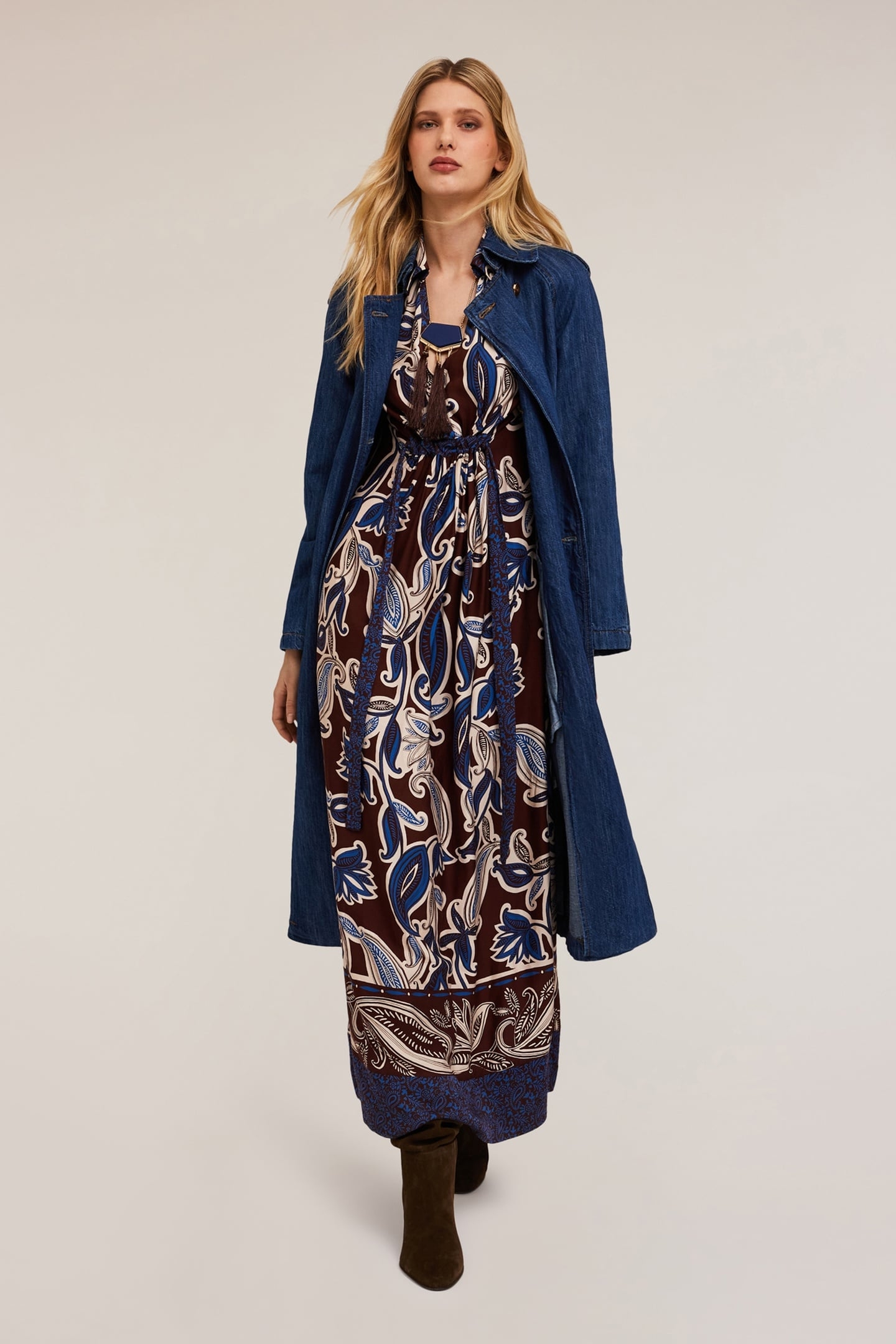 LONG VISCOSE DRESS WITH SCARF PATTERN BLUE 3