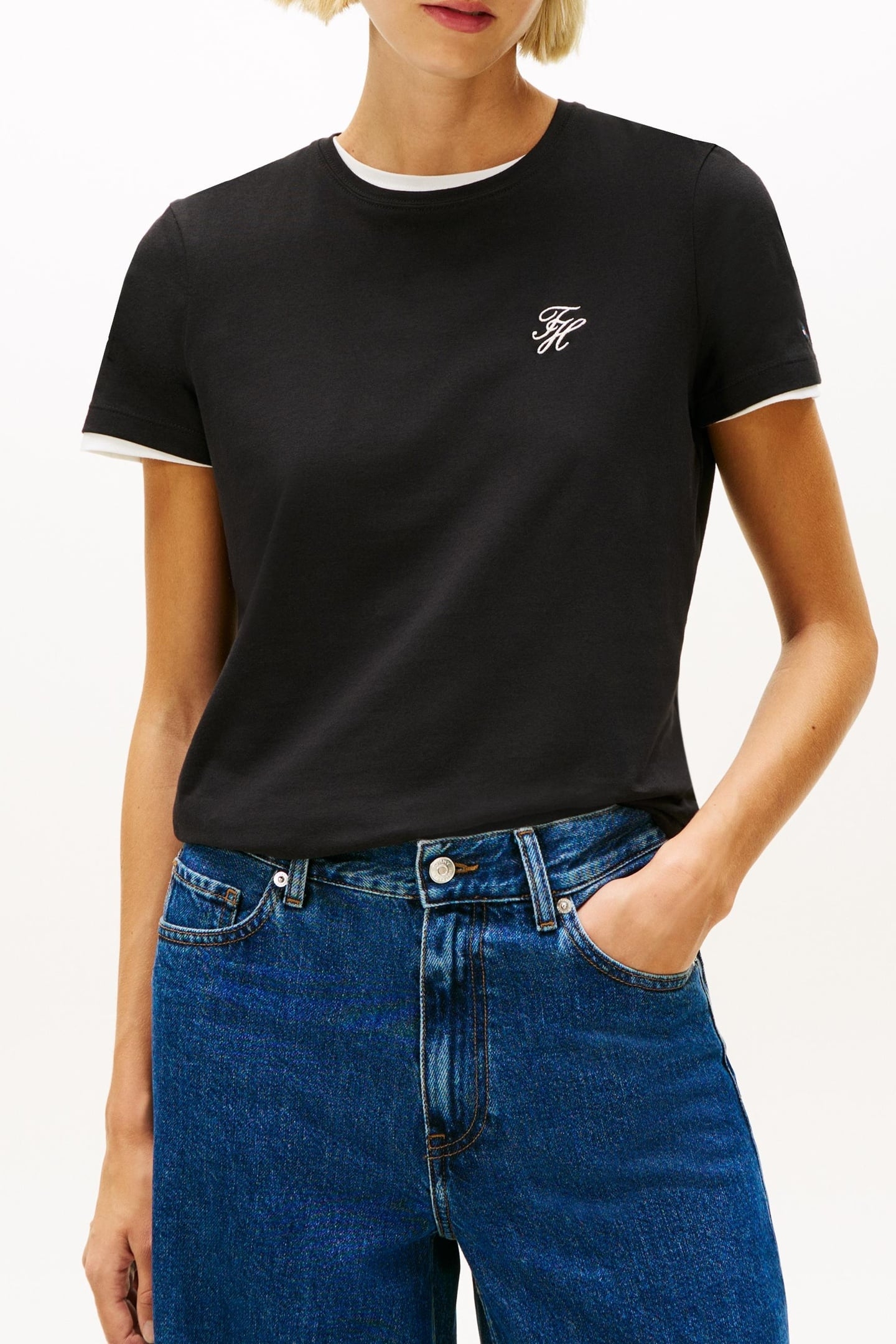 LOGO EMBROIDERY JERSEY CREW NECK T-SHIRT BLACK 1