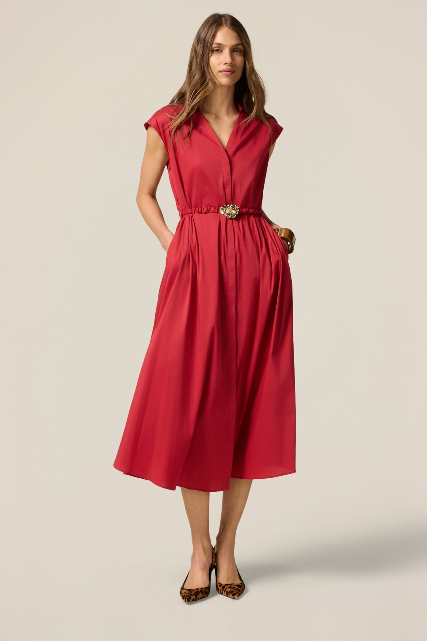 MIDI SHIRTDRESS IN POPLIN WITH BELT RED 2