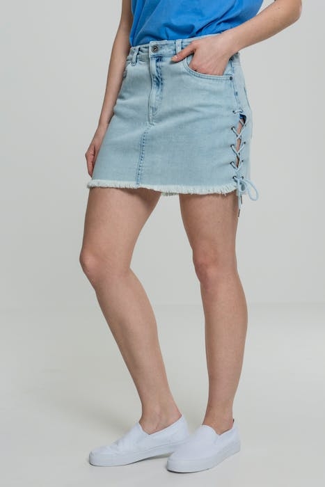LADIES DENIM LACE UP SKIRT BLUE BLEACHED 2