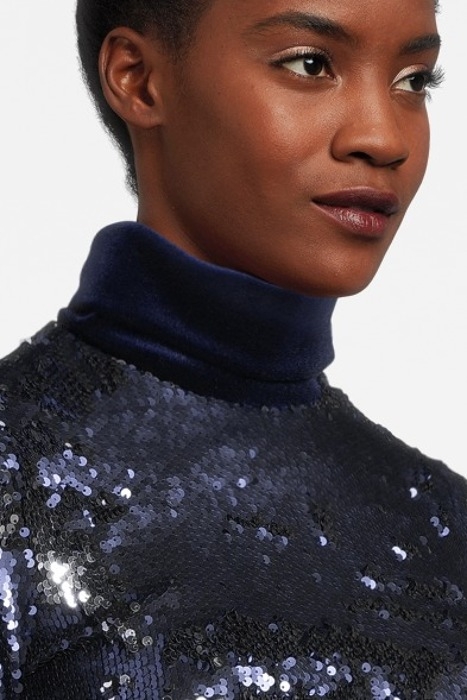 WOMEN‘S MAXI SEQUIN DRESS WITH HIGH COLLAR NAVY, SILVER 4