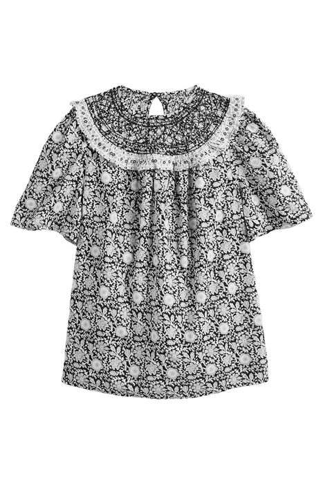 SMOCKED NECK PRINTED TOP BLK 1