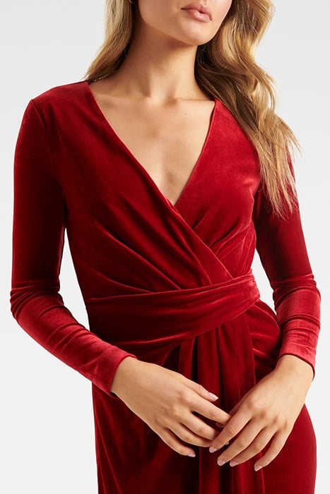 ANTIONETTE WRAP VELVET MIDI DRESS RED 4