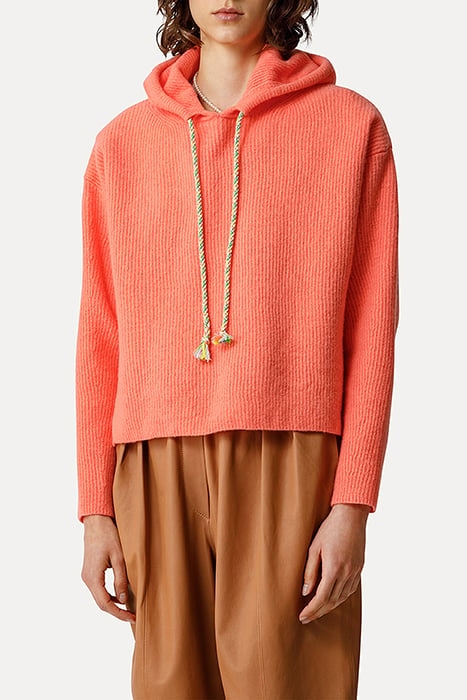 SOFT PURE WOOL RIB STITCH HOODIE SWEATER ORANGE 2