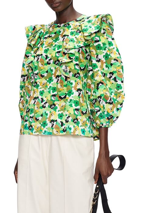 GIGIE PRINTED FRILL SHOULDER BALLOON SLEEVE TOP BRT-GREEN 1