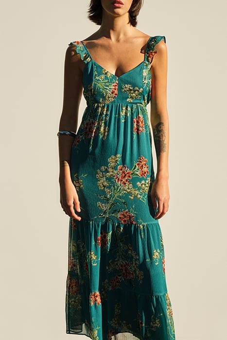 FLOWER BOUQUET PRINT RUFFLED RECYCLED VOILE DRESS 1