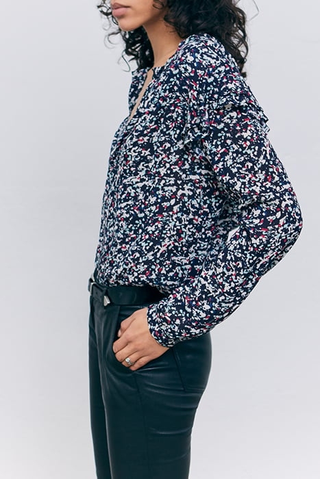 NAVY TACHIST PRINT BLOUSE WITH RUFFLED SHOULDERS 4