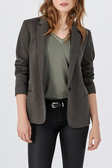 KHAKI MIXED FABRIC TOP WITH STRIPED RIBBED V NECK 3