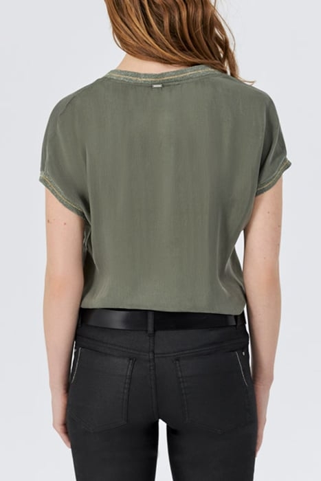 KHAKI MIXED FABRIC TOP WITH STRIPED RIBBED V NECK 2