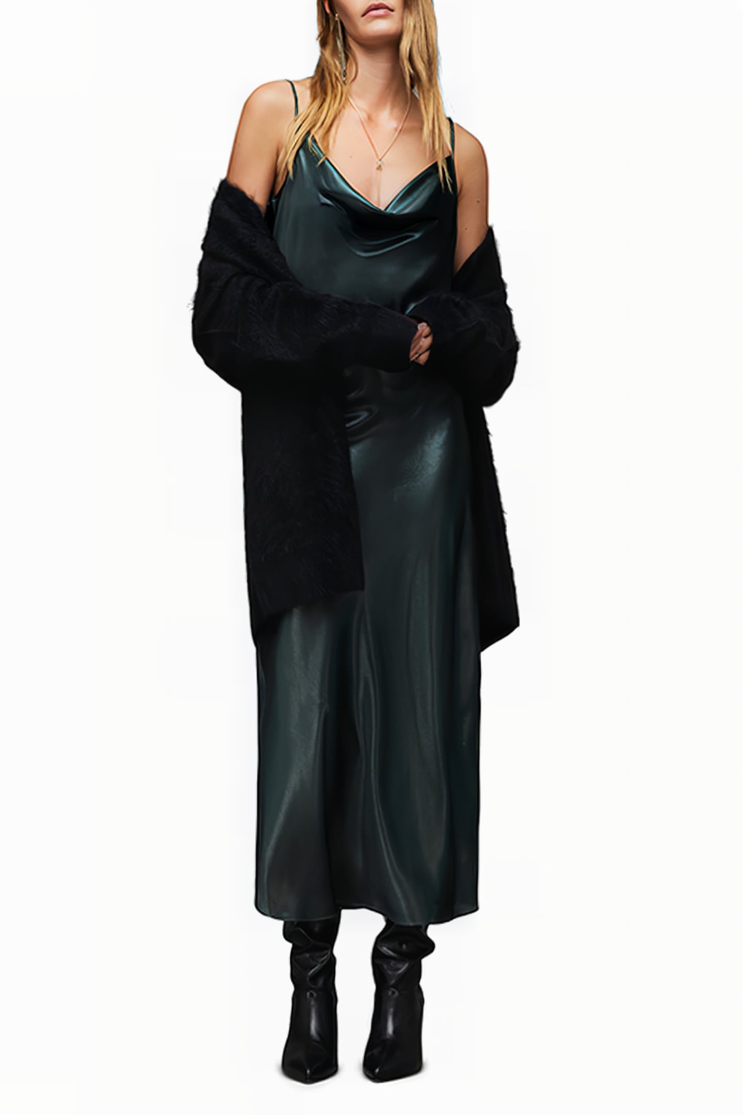 Emerald satin slip dress with chunky cardigan