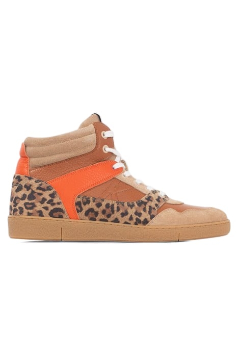 BEIGE, ORANGE AND LEOPARD LEATHER MIX TRAINERS 1