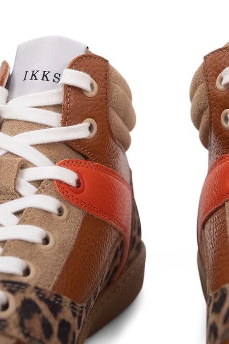 BEIGE, ORANGE AND LEOPARD LEATHER MIX TRAINERS 6