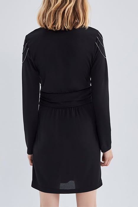 WOMEN'S SHORT BLACK BELTED V-NECK DRESS 2