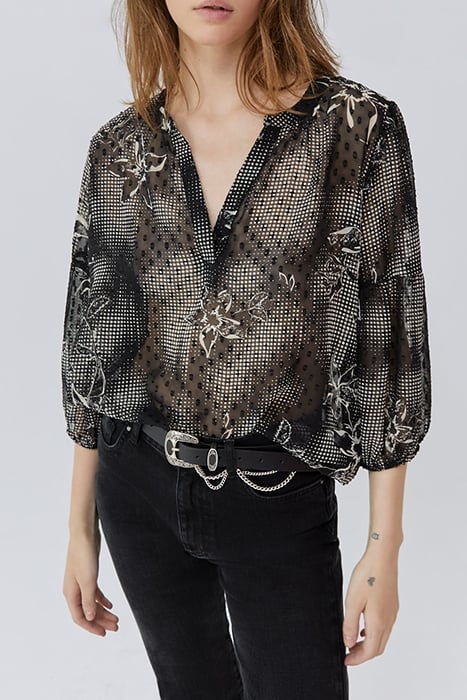 BLACK BLOUSE WITH ECRU DANDY FLOWER PRINT 1