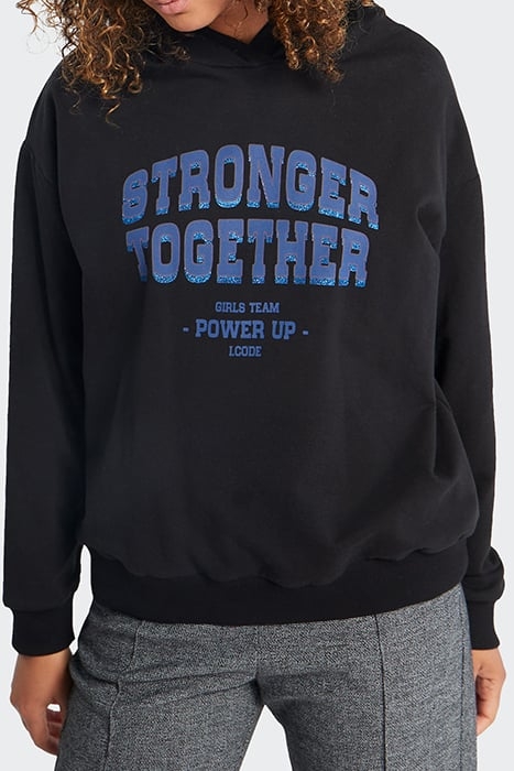 BLACK HOODIE WITH GLITTERY 3D SLOGAN 1