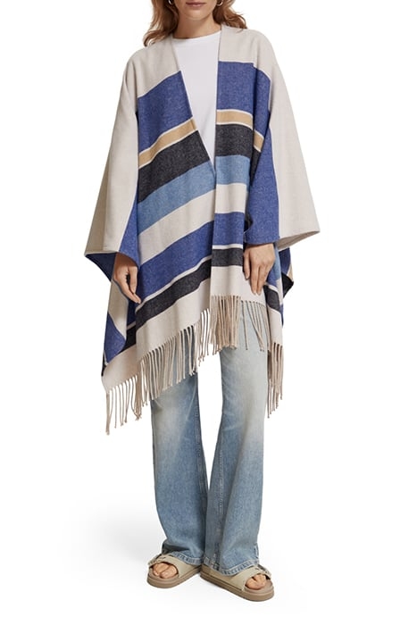 WOOL BLEND STRIPED PONCHO BLUE BOLD STRIPE 2