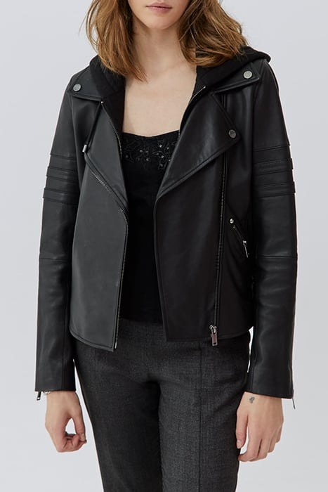 BLACK LEATHER BIKER-STYLE JACKET, ZIPPED FACING BLACK 1